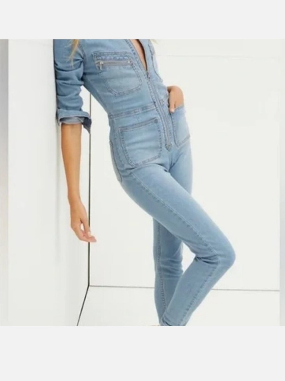 Free People Women's Denim Zip-Front Jumpsuit - Blue - Picture 4 of 10